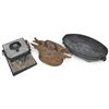 Image 1 : Chinese Incense Burner, Carved Wood Box & Bronze Oval Dish, Asian Decorative Objects, Dish 8 Inches.