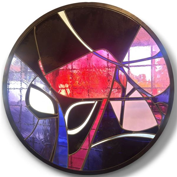 Large Round Abstract Stained Glass Panel with Geometric Red, Blue, Black & White Design, 42" Dia