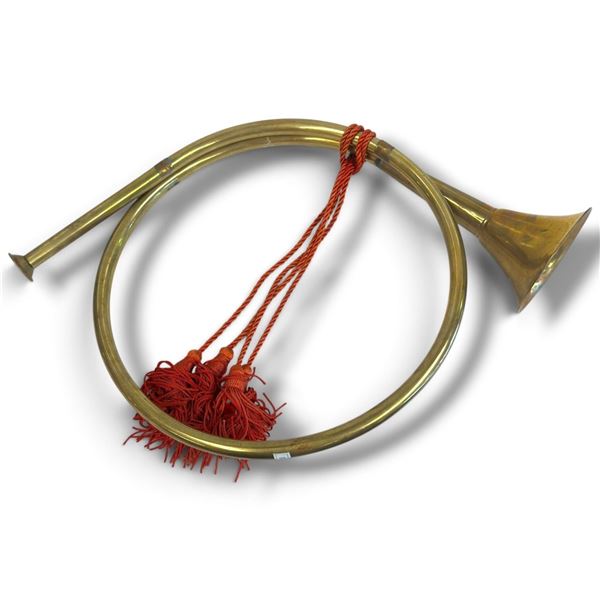 Brass Hunting Horn w Red Decorative Cord Full Size