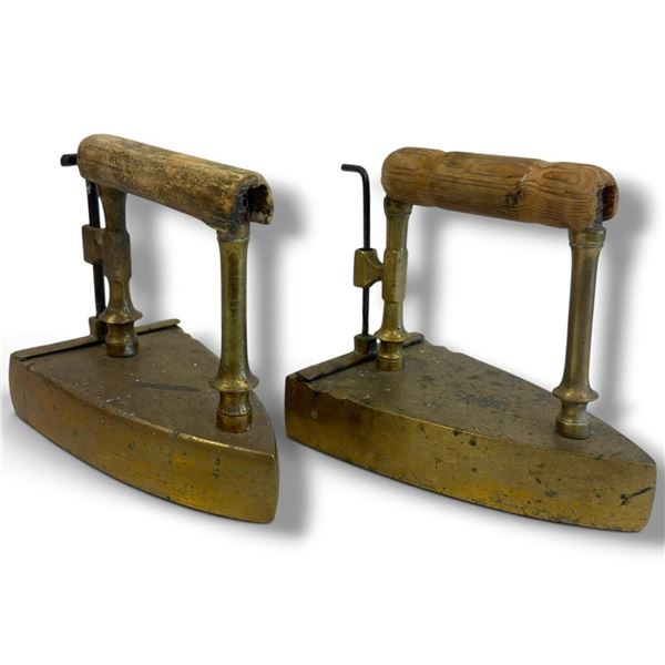 Pair of Brass & Wood Antique Irons