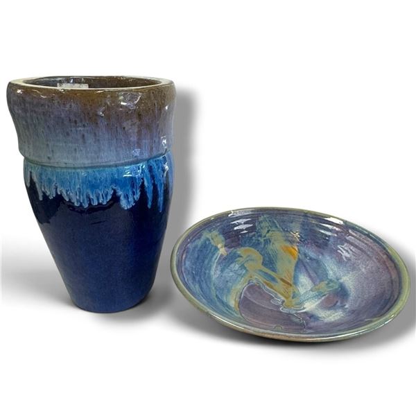 Ryan Canelo Signed 1990 Studio Pottery Planter & Bowl with Blue-Purple Glazes