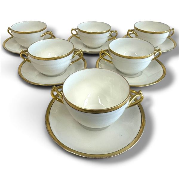 Set of Six B & Co France Porcelain Soup Bowls w Saucers & Gilded Handles