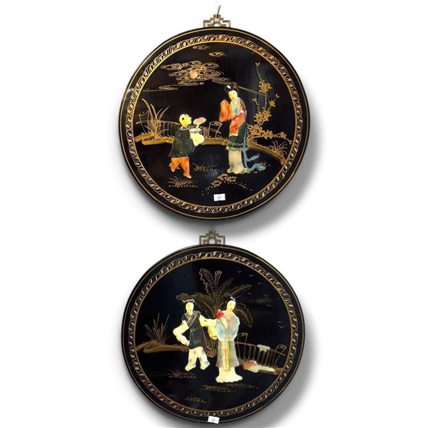 Pair Chinese Carved Soapstone Round Wall Plaques on Wood Backings, 14 Inch Diameter, Asian Art Decor