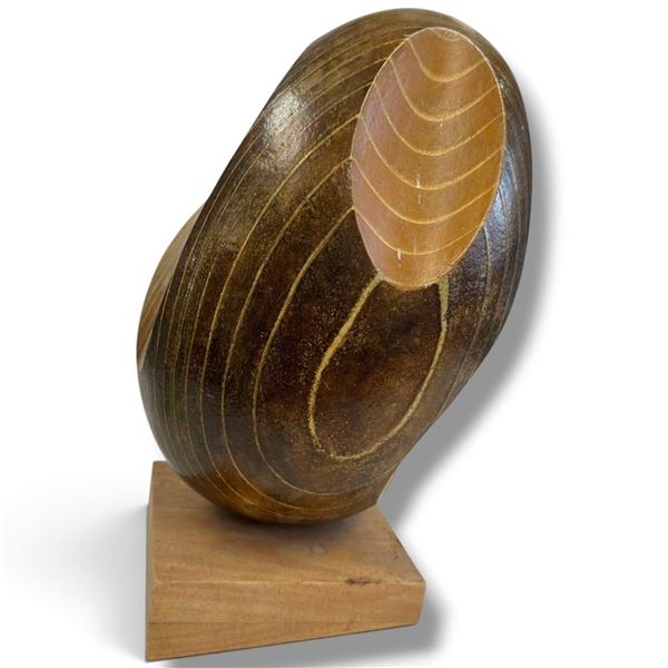 Attributed to Michael Minot Wood Egg Sculpture on Stand, Unsigned, 12 Inches Tall, Canadian Folk Art