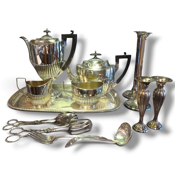 European Silver-Plated Tea & Coffee Service, Tray & Tableware, Mixed Makers, Vintage Collection