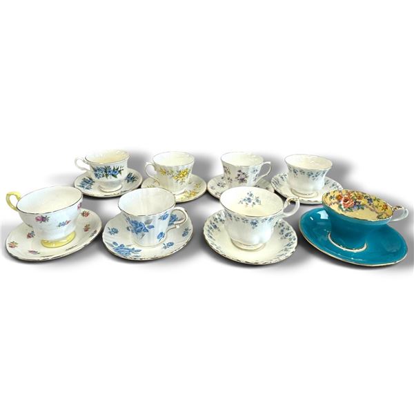Set of 7 Bone China Teacups & Saucers by Various Makers