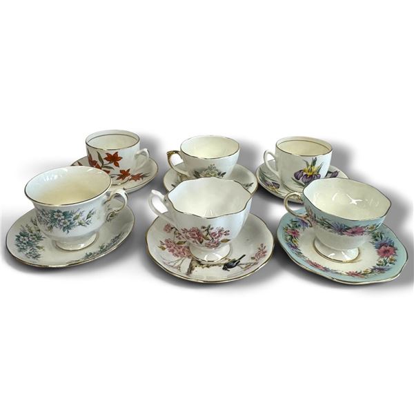 6 English Bone China Teacup & Saucer Sets, Duchess, Queen Anne & Delphine, Floral Gold Trim Vintage.