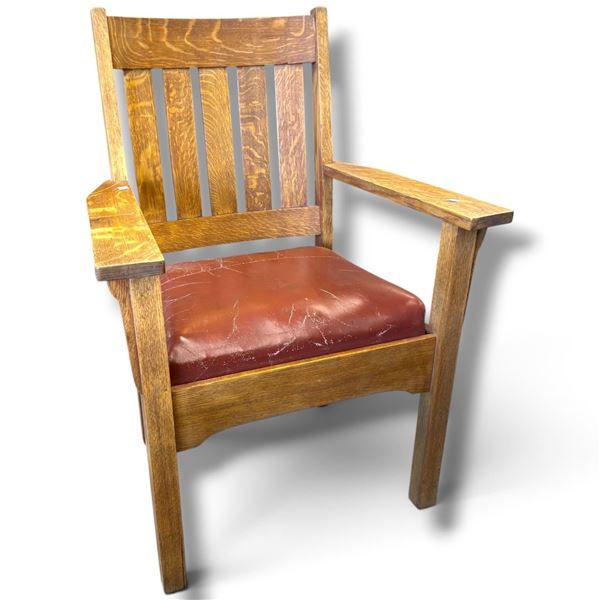 Oak Mission Style Armchair w Leather Seat Cushion Seat Height 19"