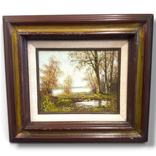 Landscape Oil Painting by Moncrief w Wooden Frame 17.5x15.5"