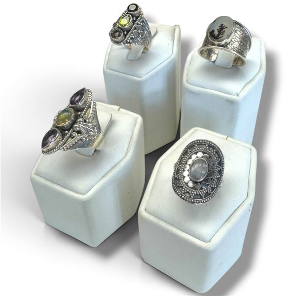 4 New Rings * all stamped .925 * (Opal, Amethyst Crystal, Moonstone & Dendritic Agate with Fern Incl