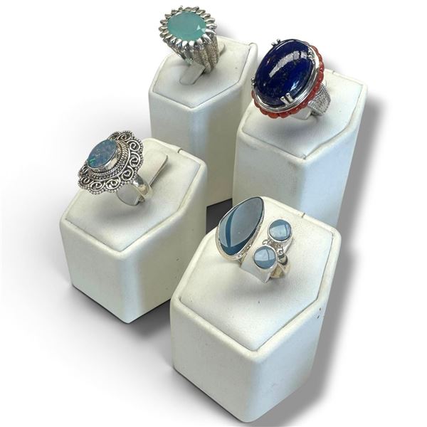 4 New Rings * all stamped .925 * (Lapis, Opal Triplet, Blue Chalcedony & Coral) Longest ring  is 27