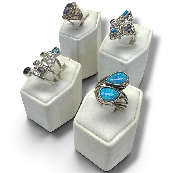 4 New Rings * all stamped .925 * (Turquoise, Opal Triplet, and Variety of Faceted Crystals) Longest