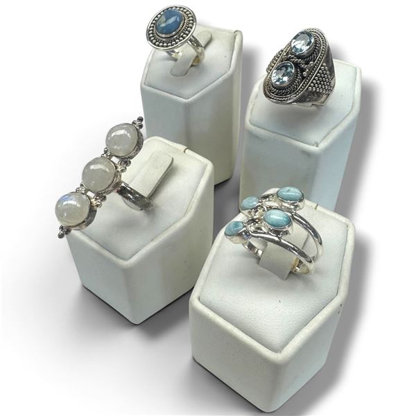 4 New Rings * all stamped .925 * (Peruvian Blue Opal, Larimar, Blue Topaz Crystal & Moonstone) Longe