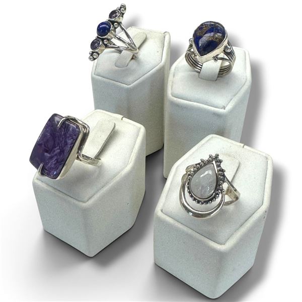 4 New Rings * all stamped .925 * (Moonstone, Lapis, Purple Botswana Agate, & Amethyst) Longest ring