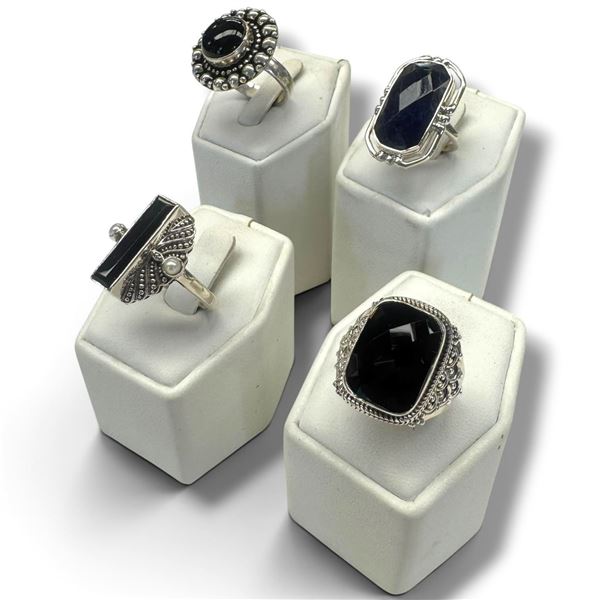4 New Rings * all stamped .925 * (Black Agates * Faceted, Checkerboard & Cabochon  ) Longest ring  i