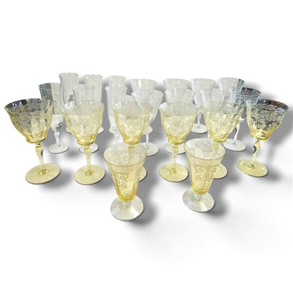 24 Etched Glass Goblets & Tumblers, Floral Scroll Design, 8 Yellow Vaseline Depression Glass Pieces.