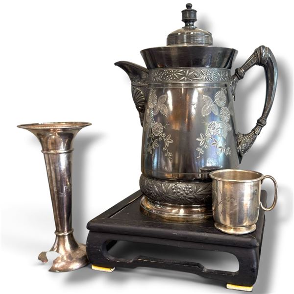 Silverplate & Triple Plate Victorian Style Tea Set, Vase & Coasters