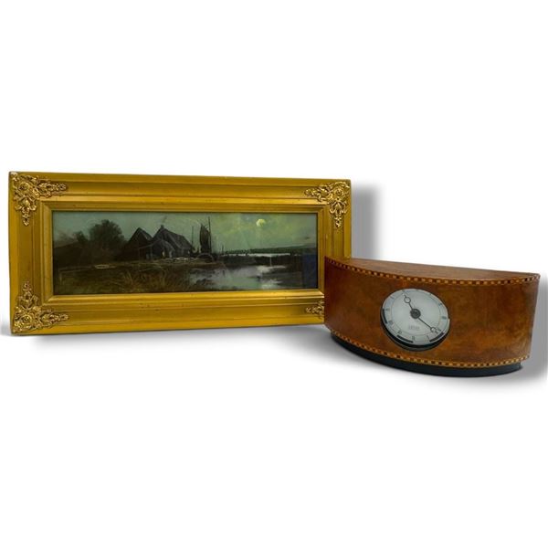 Framed Moonlit Harbor Landscape Painting (18.5 x 8.5 in.) & Inlaid Wood Mantel Clock