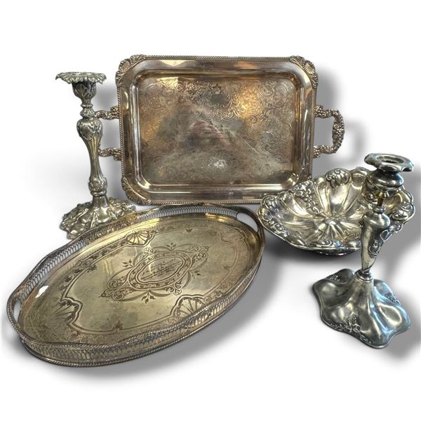 Silver Plated Tray & Candlesticks w Coronet & Rideau Plate Marks
