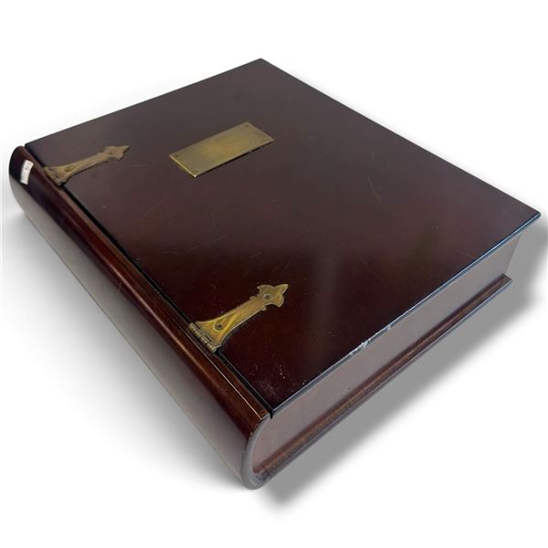 Vintage Wooden Book-Form Storage Box, Brass Hinges & Plate, 14 x 12 x 4 Inches, Decorative Keepsake.