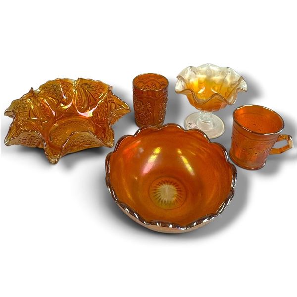 5-Piece Marigold Carnival Glass Collection, Bowls, Pedestal Dish, Tumbler & Handled Mug, Iridescent.