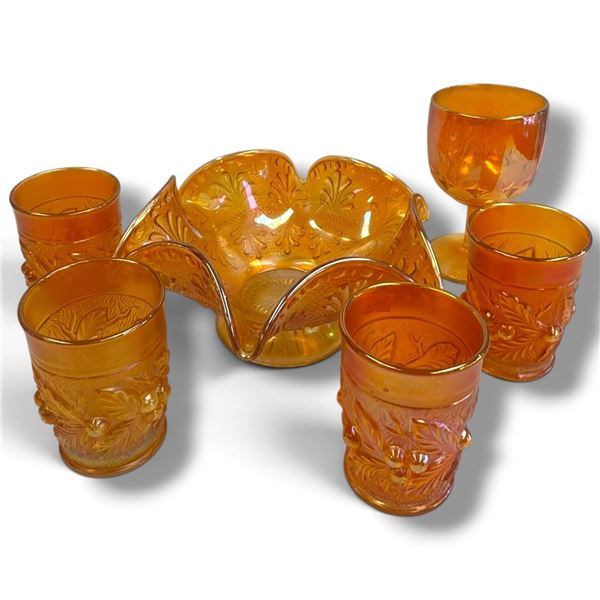 Vintage Marigold Carnival Glass Bowl, 4 Glasses, & 1 Goblet - Floral Design