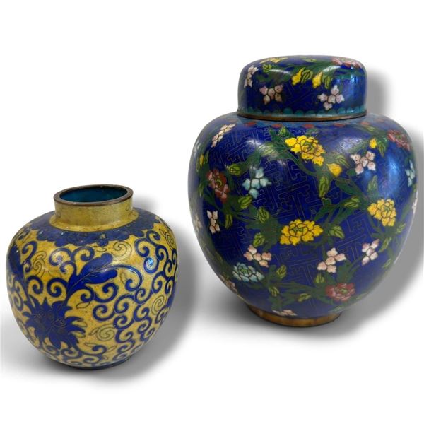 Pair of Chinese Cloisonné Enamel Vases Floral & Scroll Designs Tallest is 7.5" Tall