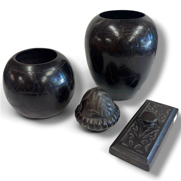4-Piece Bronze & Metal Decorative Set, 2 Vases, Round & Rectangular Objects, Tallest Vase 8.2 Inches