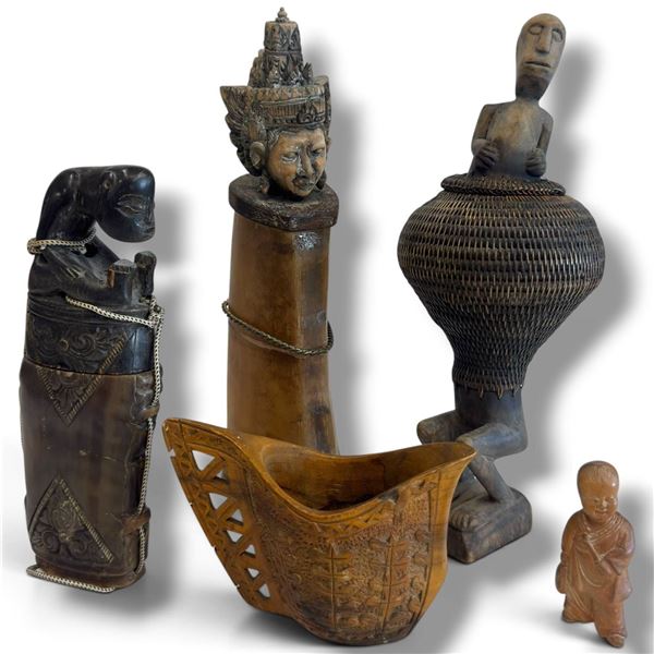 Collection of Carved Wooden & Woven Tribal Artifacts w Figurines Tallest is 11"