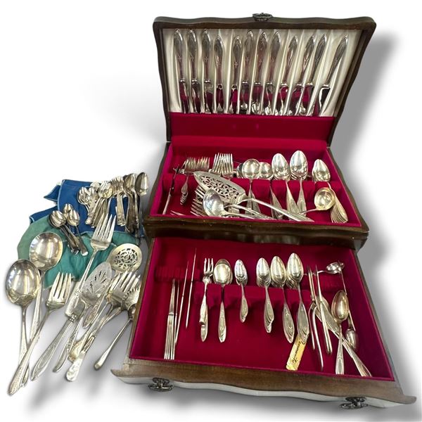 1847 Rogers Bros Silverware Set in Wooden Case And Mixed Silverware