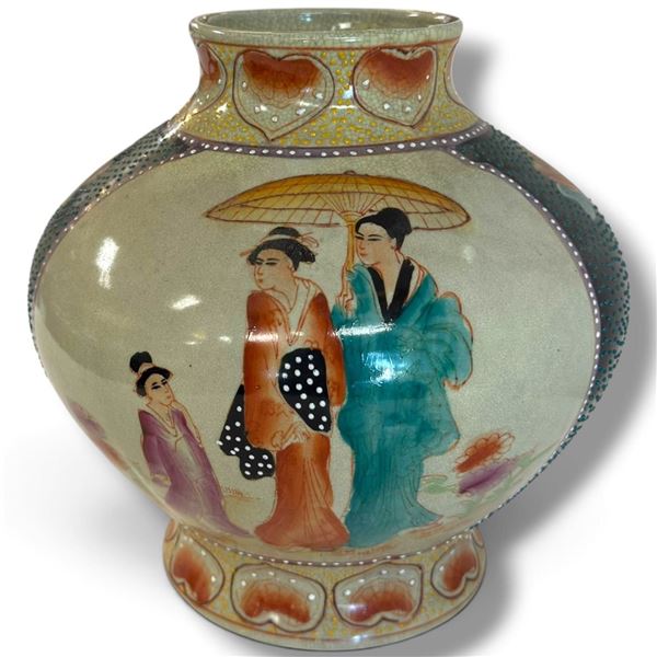 Asian Hand-Painted Crackle Glaze Vase, Figural & Floral Decoration, Heart Motifs, 9 Inches Tall, Art