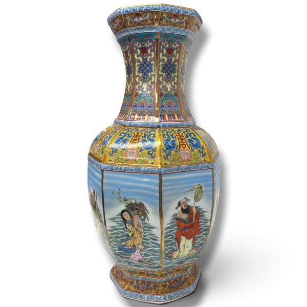 Qianlong Style Chinese Porcelain Vase w Figures & Floral Motifs 19.5" Tall