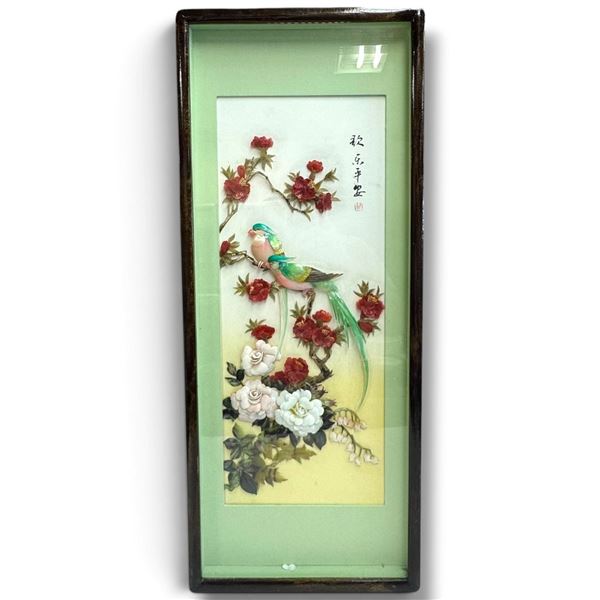 Framed 3D Chinese Ceramic Art w Parrot & Flowers 12.5x31.5"