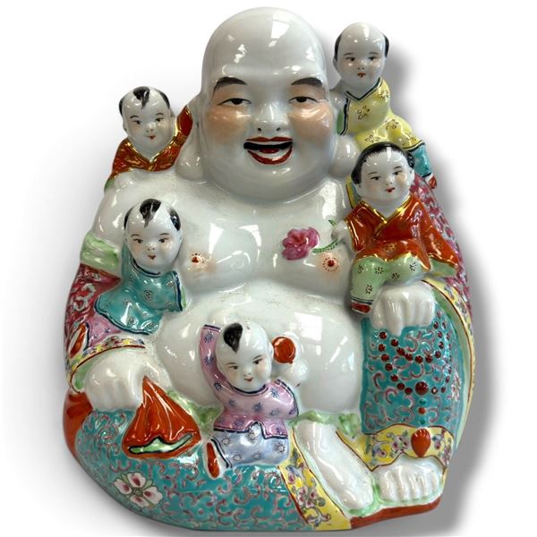 Porcelain Laughing Buddha Figurine w Five Children 9" Tall