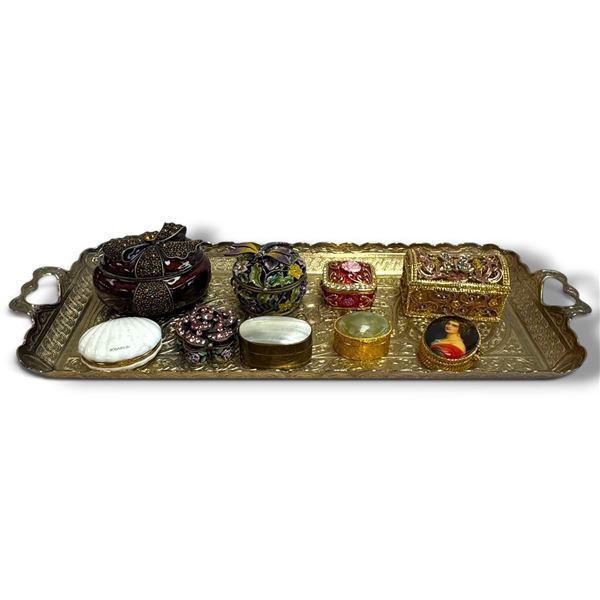 Collection of Decorative Trinket Boxes on Ornate Tray