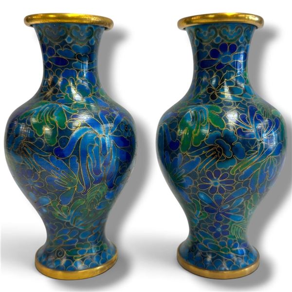 Pair of Chinese Cloisonné Vases w Floral Design & Gold Tone Rims 6.25" Tall