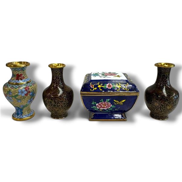 Cloisonné Enamel Vases & Lidded Box Set Tallest is 4.25"