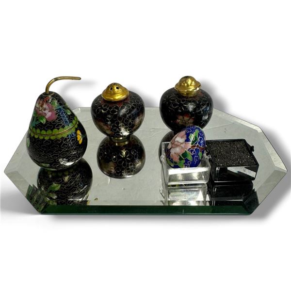 Small Cloisonné Enamel Tableware Set w Mirrored Tray