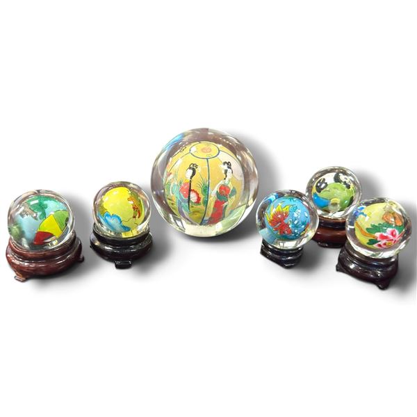Set of 5 Chinese Hand Painted Glass Orbs w Wooden Stands Largest is 3" in Diameter