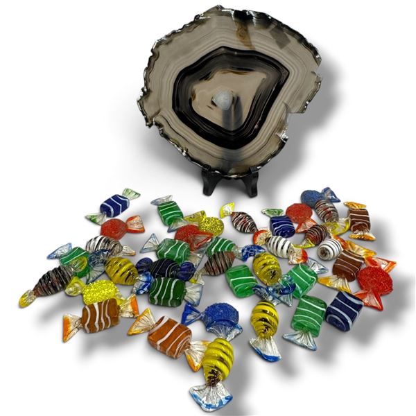 40+ Multicolored Murano Glass Candy Pieces & Polished Black Agate Slice