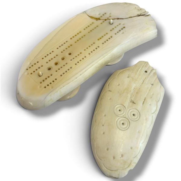 Carved Walrus Ivory Cribbage Board with Fitted Cover & Pegs, Arctic Folk Art, Material Unconfirmed..