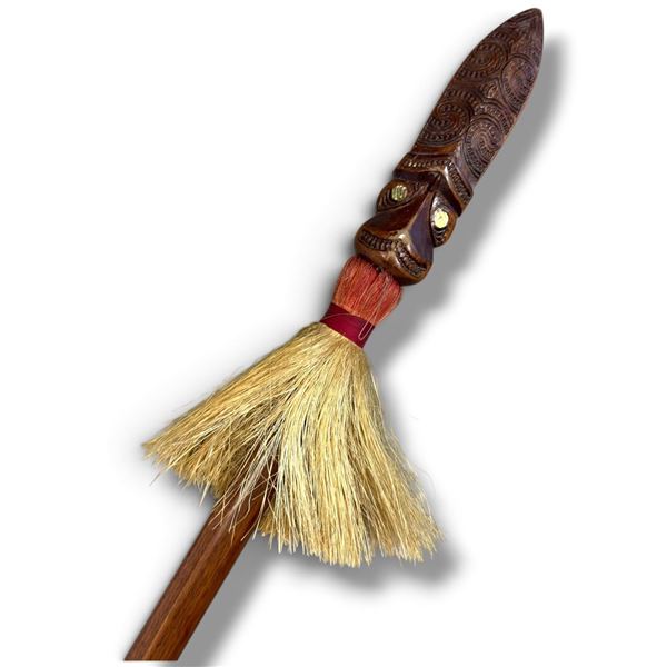 Maori Carved Wood Taiaha-Style Staff, Paua Shell Eyes & Fiber Tassel, 62 Inches Long, New Zealand NZ