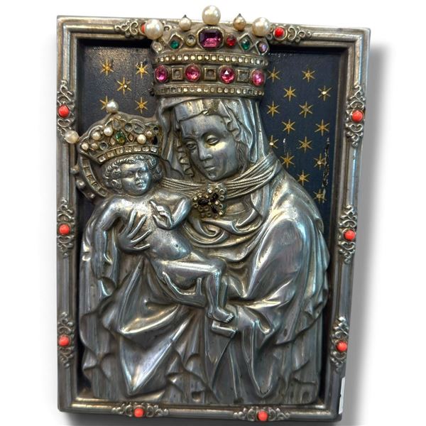 Metal Plaque of Madonna & Child w Jeweled Crowns 6.5"x8.5"