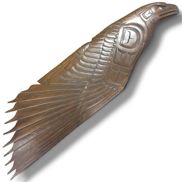 Craig Voisin Carved Wood Eagle Wall Sculpture, Abalone Eye, Signed 1991 Vancouver BC, 40 x 11 Inches