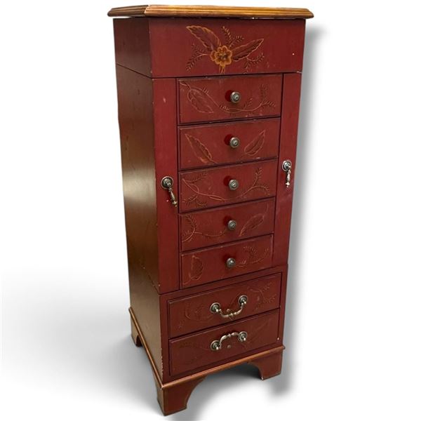 Painted Wood Jewelry Armoire with Mirror, 7 Drawers & Side Doors, Chinese-Style Bird Motifs, 38 In.