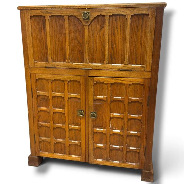 Arts & Crafts Oak Drop-Front Cabinet, Paneled Doors & Brass Ring Pulls, 33 x 13.5 x 41.5 Inches Tall