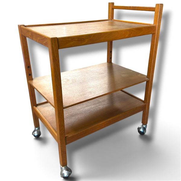 Mid-Century Oak Trolley Cart w Metal Caster Wheels 23x15.5x29"