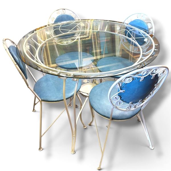 Vintage Glass-Top Dining Table & Four Blue Upholstered Metal Chairs Table is 42" Diamteer