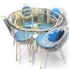 Image 1 : Vintage Glass-Top Dining Table & Four Blue Upholstered Metal Chairs Table is 42" Diamteer