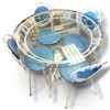 Image 2 : Vintage Glass-Top Dining Table & Four Blue Upholstered Metal Chairs Table is 42" Diamteer